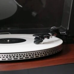 Personalised Camden Bluetooth Turntable With Bookshelf Speakers - Teak - Record Sticker -PERSONALISE STORE personalised camden bluetooth turntable with bookshelf speakers teak record sticker 03