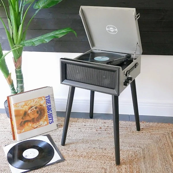 Personalised Retro Style Record Player On Legs - Grey - Record Sticker 1 Personalised Retro Style Record Player On Legs - Grey - Record Sticker