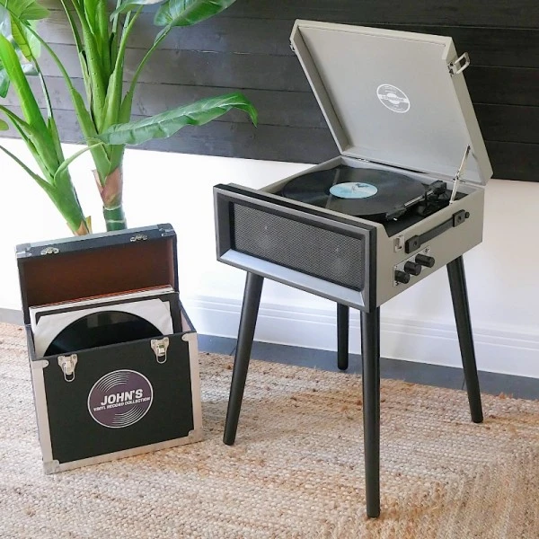 Personalised Retro Style Record Player On Legs - Grey - Record Sticker 2 Personalised Retro Style Record Player On Legs - Grey - Record Sticker - Image 2