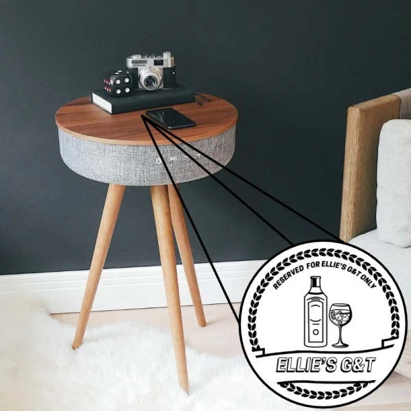 Tabblue Personalised Bluetooth Side Table With Surround Sound - Dark Wood - G&T Sticker 1 Tabblue Personalised Bluetooth Side Table With Surround Sound - Dark Wood - G&T Sticker