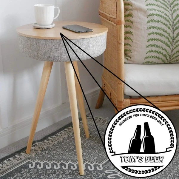 Tabblue Personalised Bluetooth Side Table With Surround Sound - Light Wood - Beer Sticker 1 Tabblue Personalised Bluetooth Side Table With Surround Sound - Light Wood - Beer Sticker