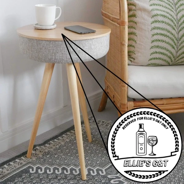 Tabblue Personalised Bluetooth Side Table With Surround Sound - Light Wood - G&T Sticker 1 Tabblue Personalised Bluetooth Side Table With Surround Sound - Light Wood - G&T Sticker