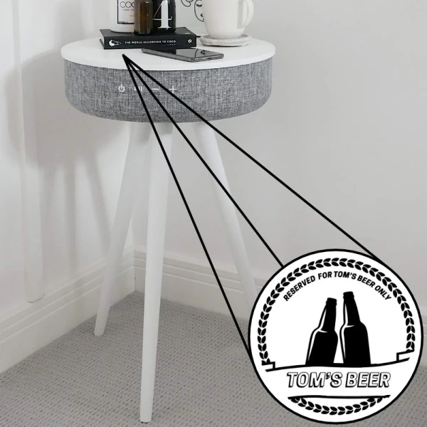 Tabblue Personalised Bluetooth Side Table With Surround Sound - White - Beer Sticker 1 Tabblue Personalised Bluetooth Side Table With Surround Sound - White - Beer Sticker