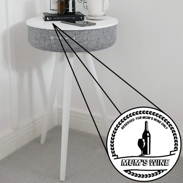 Tabblue Personalised Bluetooth Side Table With Surround Sound - White - Wine Sticker 1 Tabblue Personalised Bluetooth Side Table With Surround Sound - White - Wine Sticker